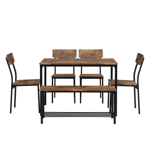 Conjunto Mesa e 4 Cadeiras 1 Banco - 6 lugares - estrutura em aço - estilo industrial - Castanho