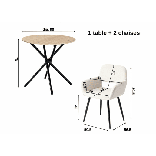 Elegante conjunto de mesa de jantar com efeito madeira e 2 cadeiras FONTANA KD 80CM ESCURO + MAYFAIR BEGE