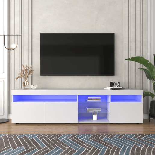 Armário moderno para televisão de 180 cm com LED - 3 portas e 5 compartimentos abertos - Branco