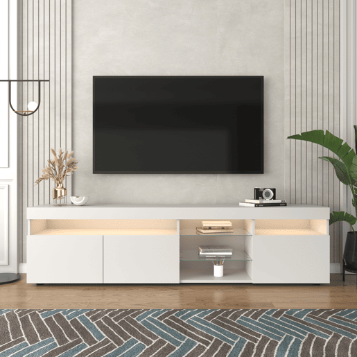 Armário moderno para televisão de 180 cm com LED - 3 portas e 5 compartimentos abertos - Branco