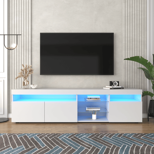 Armário moderno para televisão de 180 cm com LED - 3 portas e 5 compartimentos abertos - Branco