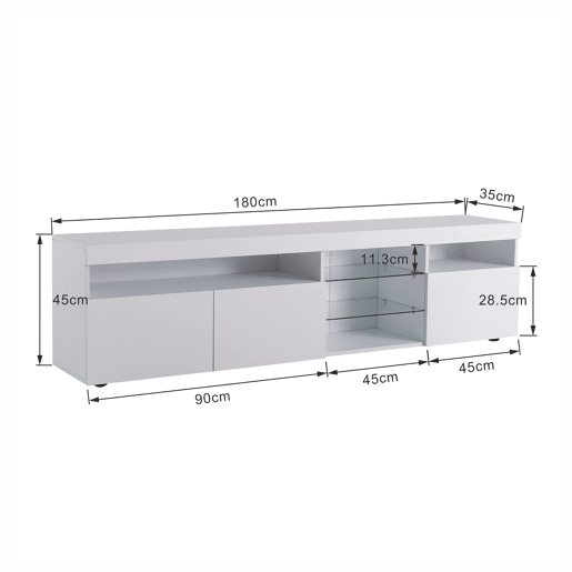 Armário moderno para televisão de 180 cm com LED - 3 portas e 5 compartimentos abertos - Branco