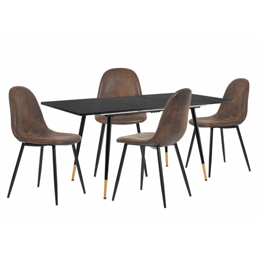 MESA ELÁSTICA WHALEN DE MADEIRA ESCURA BG B + CHARLTON SUEDE BROWN S FRXZ conjunto de mesa extensível com efeito de madeira preta 120-160 e 4 cadeiras estilo escandinavo retro