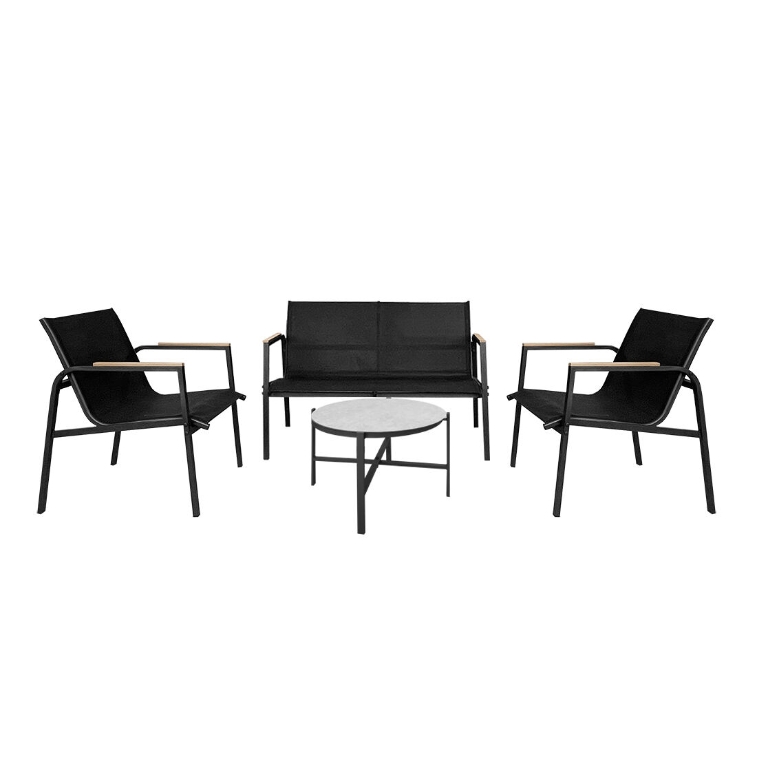 Acomoda textil – conjunto jardín de sofá + 2 sillones + mesa de acero resistente, decorativo y ligero. asiento para exterior en patio, balcón y terraza de fácil instalación. (negro, 4 piezas)
