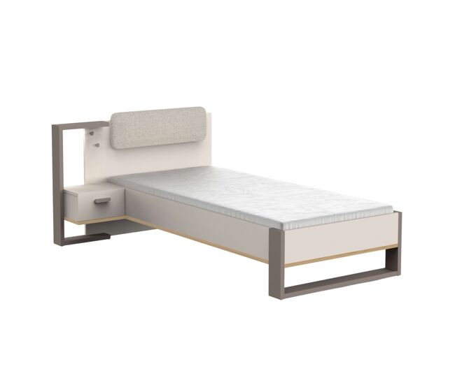 Pack cama juvenil con mesita camillia 90x200 cm en roble vicenza, gris y arcilla, fabricada en melamina