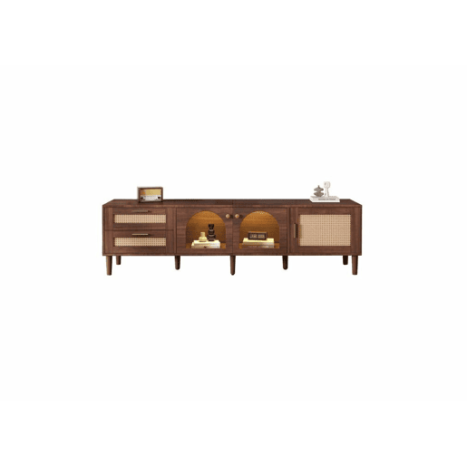 Móvel de TV com efeito madeira castanho e elegante arrumação 2 gavetas em vime, 2 portas em vidro curvo e 1 porta em vime Iluminação LED 180cm