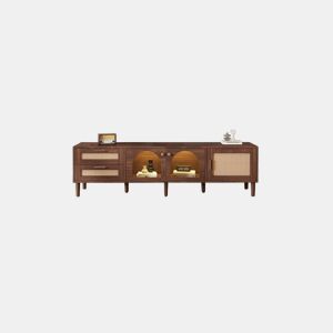 Móvel de TV com efeito madeira castanho e elegante arrumação 2 gavetas em vime, 2 portas em vidro curvo e 1 porta em vime Iluminação LED 180cm