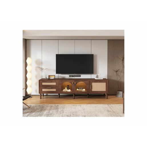 Móvel de TV com efeito madeira castanho e elegante arrumação 2 gavetas em vime, 2 portas em vidro curvo e 1 porta em vime Iluminação LED 180cm
