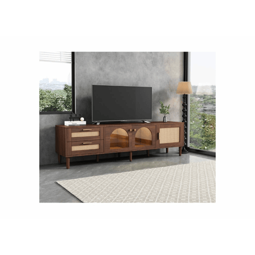 Móvel de TV com efeito madeira castanho e elegante arrumação 2 gavetas em vime, 2 portas em vidro curvo e 1 porta em vime Iluminação LED 180cm