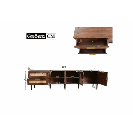 Móvel de TV com efeito madeira castanho e elegante arrumação 2 gavetas em vime, 2 portas em vidro curvo e 1 porta em vime Iluminação LED 180cm