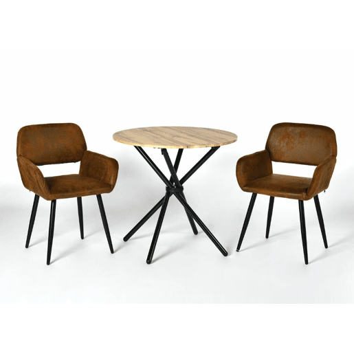 Conjunto de mesa de jantar e 2 cadeiras FONTANA KD 80CM ESCURO + MAYFAIR CAMURÇA CASTANHO estilo industrial com efeito de madeira