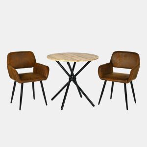 Conjunto de mesa de jantar e 2 cadeiras FONTANA KD 80CM ESCURO + MAYFAIR CAMURÇA CASTANHO estilo industrial com efeito de madeira