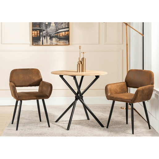 Conjunto de mesa de jantar e 2 cadeiras FONTANA KD 80CM ESCURO + MAYFAIR CAMURÇA CASTANHO estilo industrial com efeito de madeira