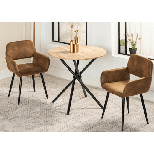 Conjunto de mesa de jantar e 2 cadeiras FONTANA KD 80CM ESCURO + MAYFAIR CAMURÇA CASTANHO estilo industrial com efeito de madeira