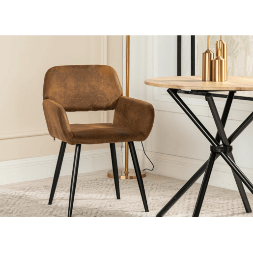 Conjunto de mesa de jantar e 2 cadeiras FONTANA KD 80CM ESCURO + MAYFAIR CAMURÇA CASTANHO estilo industrial com efeito de madeira