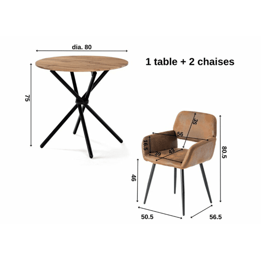 Conjunto de mesa de jantar e 2 cadeiras FONTANA KD 80CM ESCURO + MAYFAIR CAMURÇA CASTANHO estilo industrial com efeito de madeira