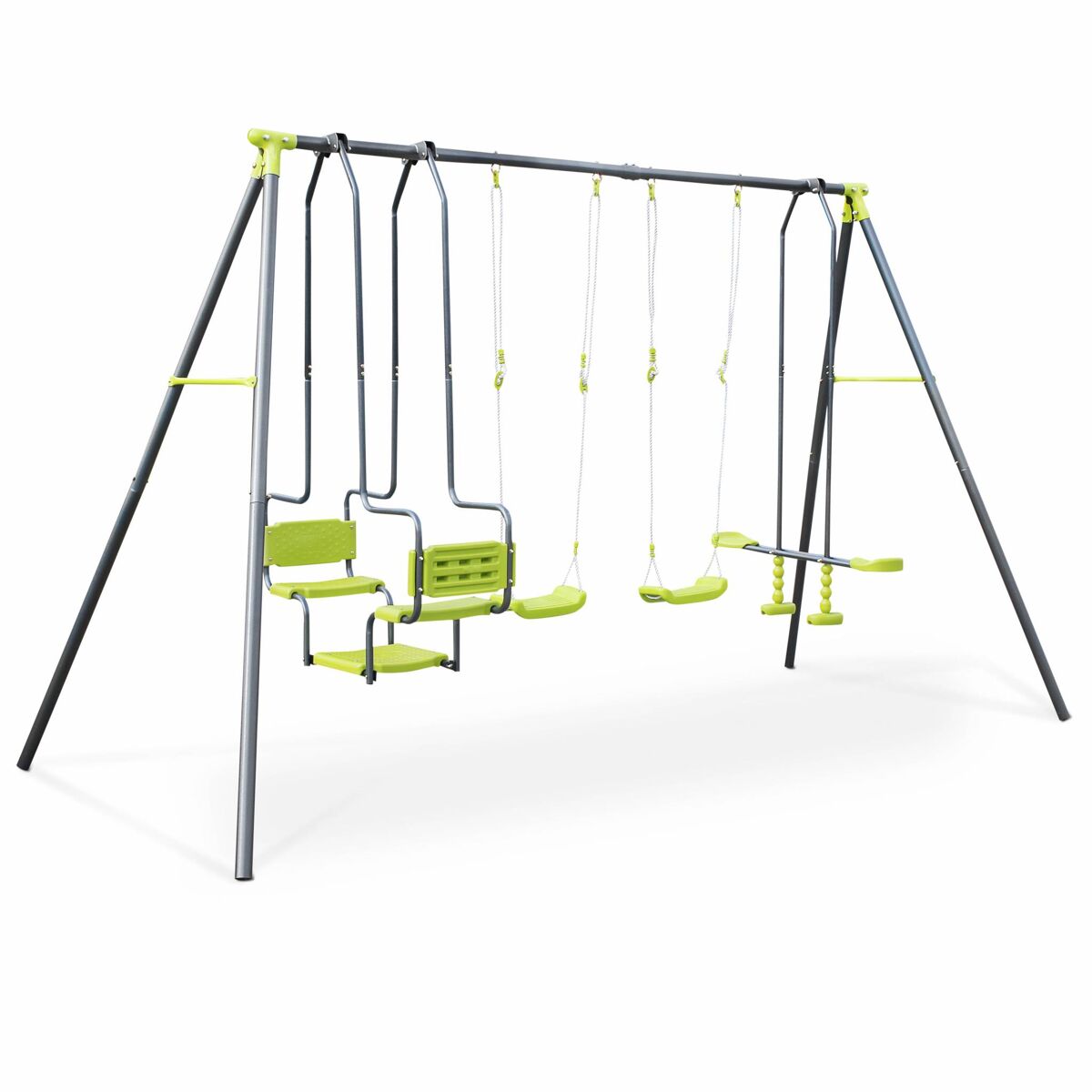 Columpio de pórtico con 4 peldaños y 6 asientos verde - 362x166x223 cm