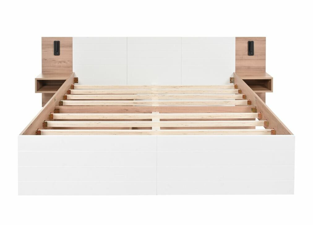 Cama doble tamaño king con efecto madera bifurcada, 2 cajones, lámpara de lectura con carga usb, roble/blanco, 180 x 200 cm (sin colchón)