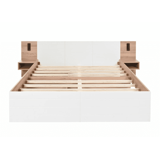 Cama de casal king size com efeito de madeira bifrada e 2 gavetas, candeeiro de leitura com carregamento USB, carvalhobranco, 180 x 200 cm (sem colchão)