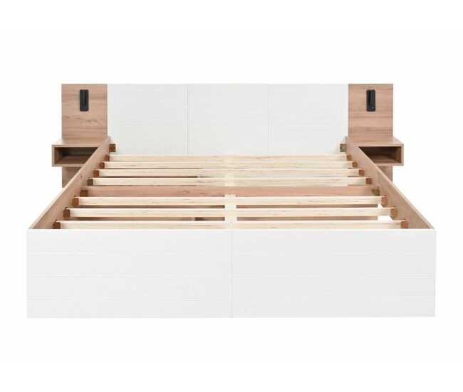 Cama doble tamaño king con efecto madera bifurcada, 2 cajones, lámpara de lectura con carga usb, roble/blanco, 180 x 200 cm (sin colchón)