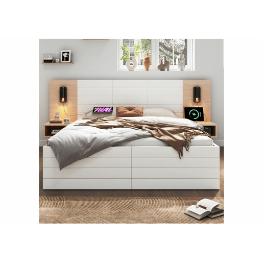 Cama de casal king size com efeito de madeira bifrada e 2 gavetas, candeeiro de leitura com carregamento USB, carvalhobranco, 180 x 200 cm (sem colchão)