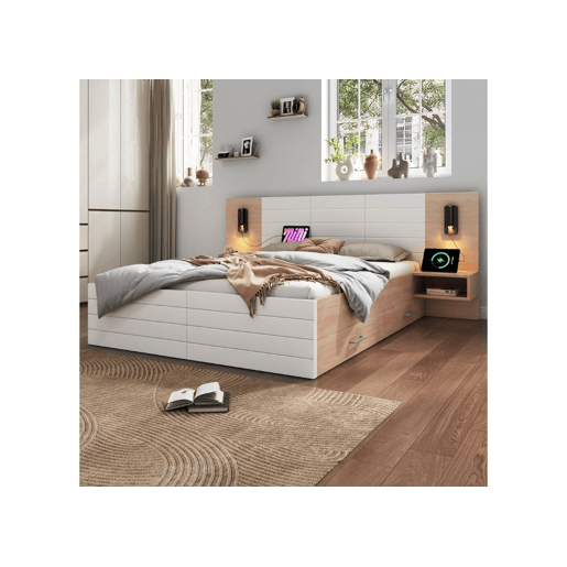 Cama de casal king size com efeito de madeira bifrada e 2 gavetas, candeeiro de leitura com carregamento USB, carvalhobranco, 180 x 200 cm (sem colchão)
