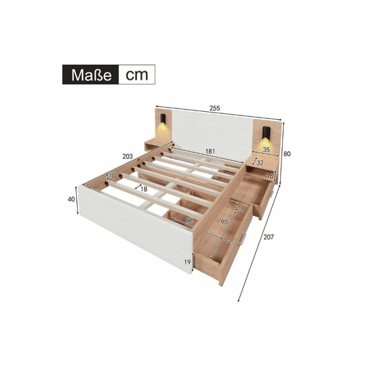 Cama de casal king size com efeito de madeira bifrada e 2 gavetas, candeeiro de leitura com carregamento USB, carvalhobranco, 180 x 200 cm (sem colchão)