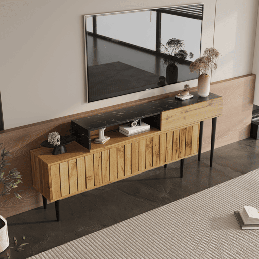 Móvel TV modular - 4 compartimentos - Preto e natural Móvel TV modular - 4 compartimentos - Preto e natural