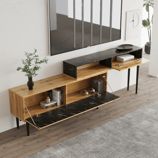 Móvel TV modular - 4 compartimentos - Preto e natural Móvel TV modular - 4 compartimentos - Preto e natural