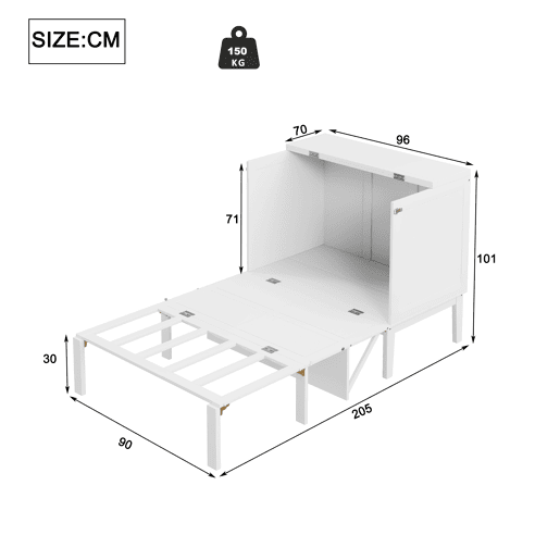 Cama dobrável de madeira 90x200 cm - com estrado - Branco