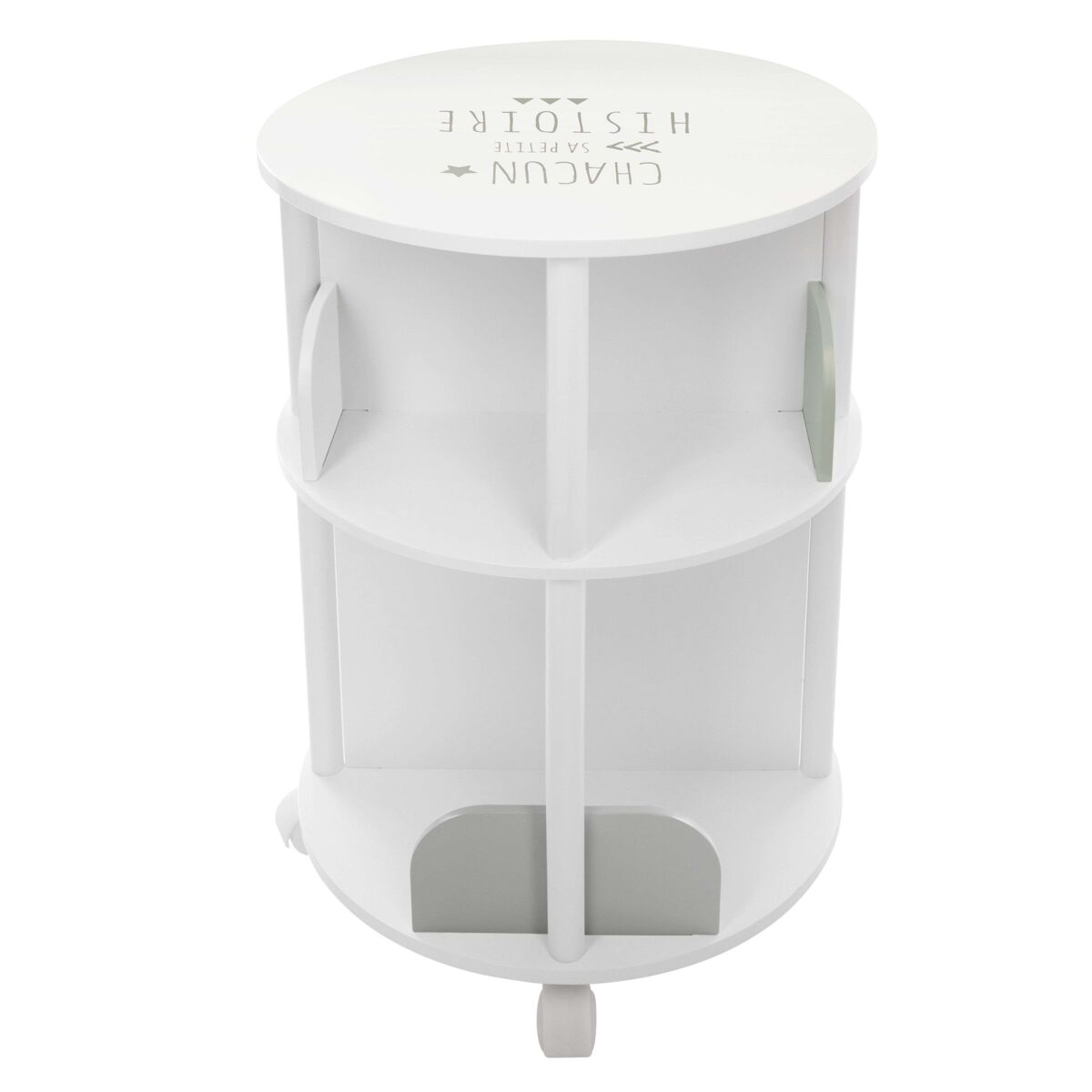 Librería infantil redonda 4 estantes con ruedas 40 cm melamina blanco y gris