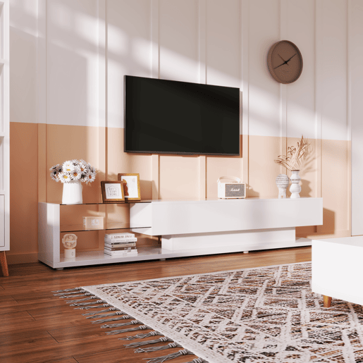Suporte de TV 170cm com LED e ecrã de vidro - 2 gavetas - Branco