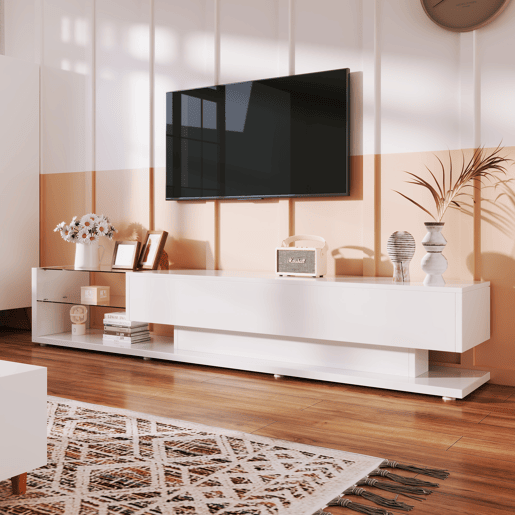 Suporte de TV 170cm com LED e ecrã de vidro - 2 gavetas - Branco
