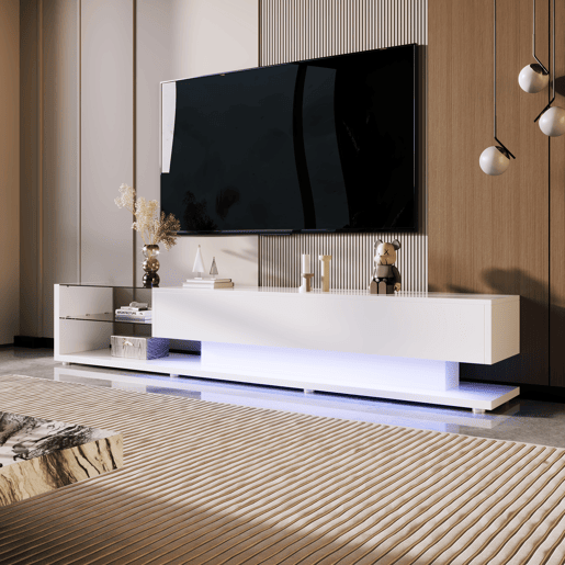 Suporte de TV 170cm com LED e ecrã de vidro - 2 gavetas - Branco