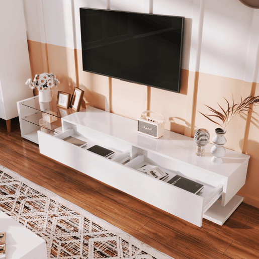 Suporte de TV 170cm com LED e ecrã de vidro - 2 gavetas - Branco