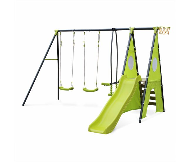 Parque infantil con columpio y tobogán verde - 313x155x197 cm