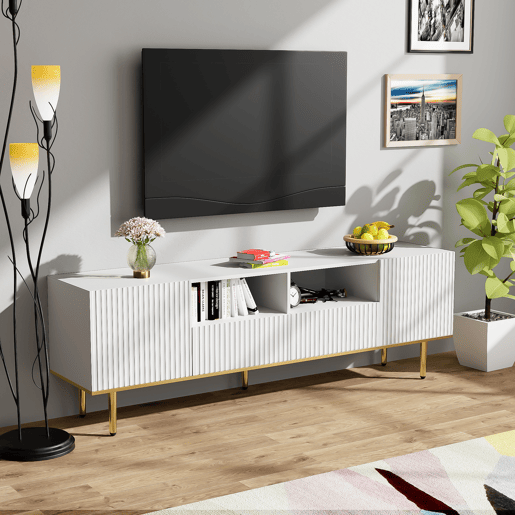 Móvel moderno para televisão - com 2 portas e 2 gavetas - pés metálicos - Branco