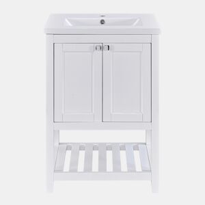Móvel de casa de banho com lavatório em cerâmica - 2 portas e prateleira inferior - Branco (torneira não incluída)