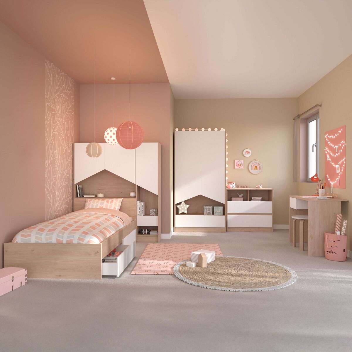 Pack muebles child dormitorio juvenil completo en color roble jackson y blanco mate