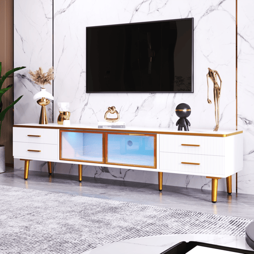 Móvel TV escandinavo 170 cm com LED - 4 gavetas - folheado a mármore - Branco