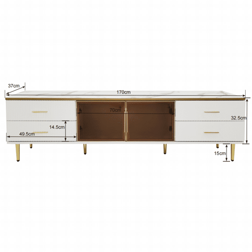 Móvel TV escandinavo 170 cm com LED - 4 gavetas - folheado a mármore - Branco