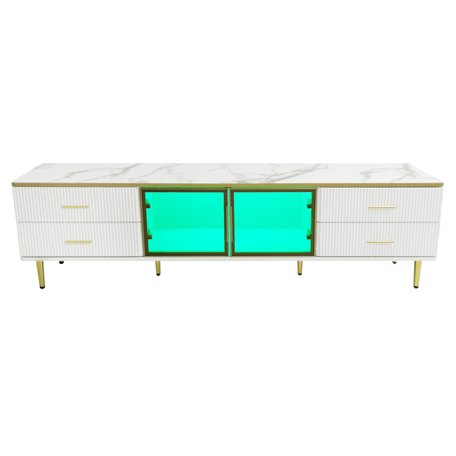 Móvel TV escandinavo 170 cm com LED - 4 gavetas - folheado a mármore - Branco