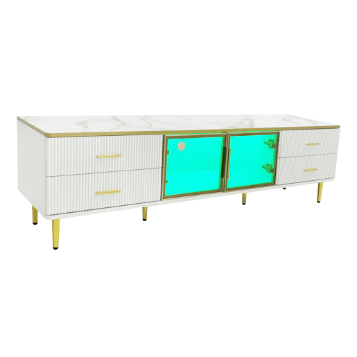 Móvel TV escandinavo 170 cm com LED - 4 gavetas - folheado a mármore - Branco
