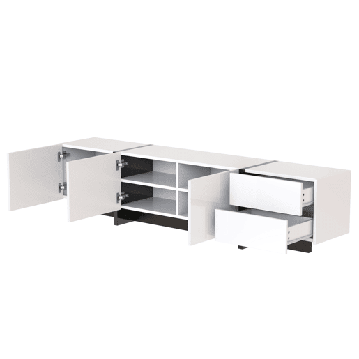 Armário moderno de 190 cm para televisão com 3 portas e 2 gavetas - branco e preto brilhante