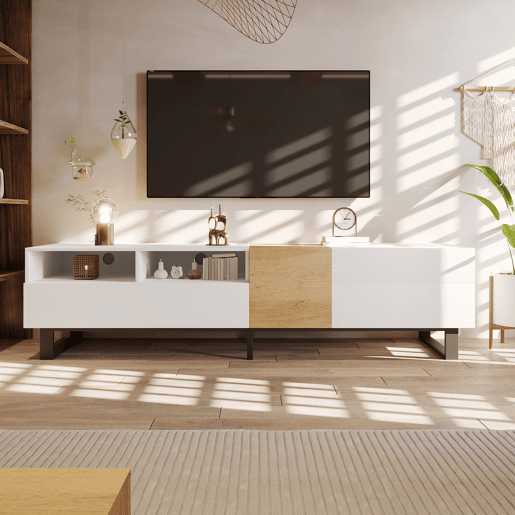 Móvel TV 180 cm - com 2 gavetas e 5 compartimentos - em MDF - Branco e Natural Móvel TV 180 cm - com 2 gavetas e 5 compartimentos - em MDF - Branco e Natural