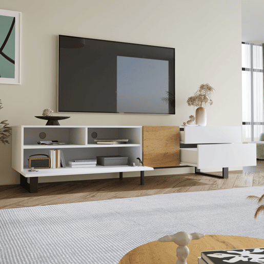 Móvel TV 180 cm - com 2 gavetas e 5 compartimentos - em MDF - Branco e Natural Móvel TV 180 cm - com 2 gavetas e 5 compartimentos - em MDF - Branco e Natural