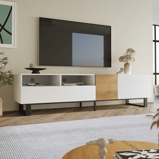 Móvel TV 180 cm - com 2 gavetas e 5 compartimentos - em MDF - Branco e Natural Móvel TV 180 cm - com 2 gavetas e 5 compartimentos - em MDF - Branco e Natural