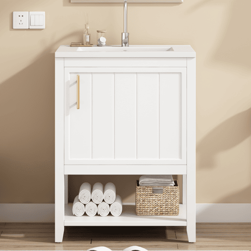Móvel de casa de banho com lavatório em cerâmica - com arrumação - Branco (torneira não incluída)