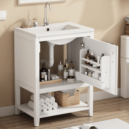 Móvel de casa de banho com lavatório em cerâmica - com arrumação - Branco (torneira não incluída)