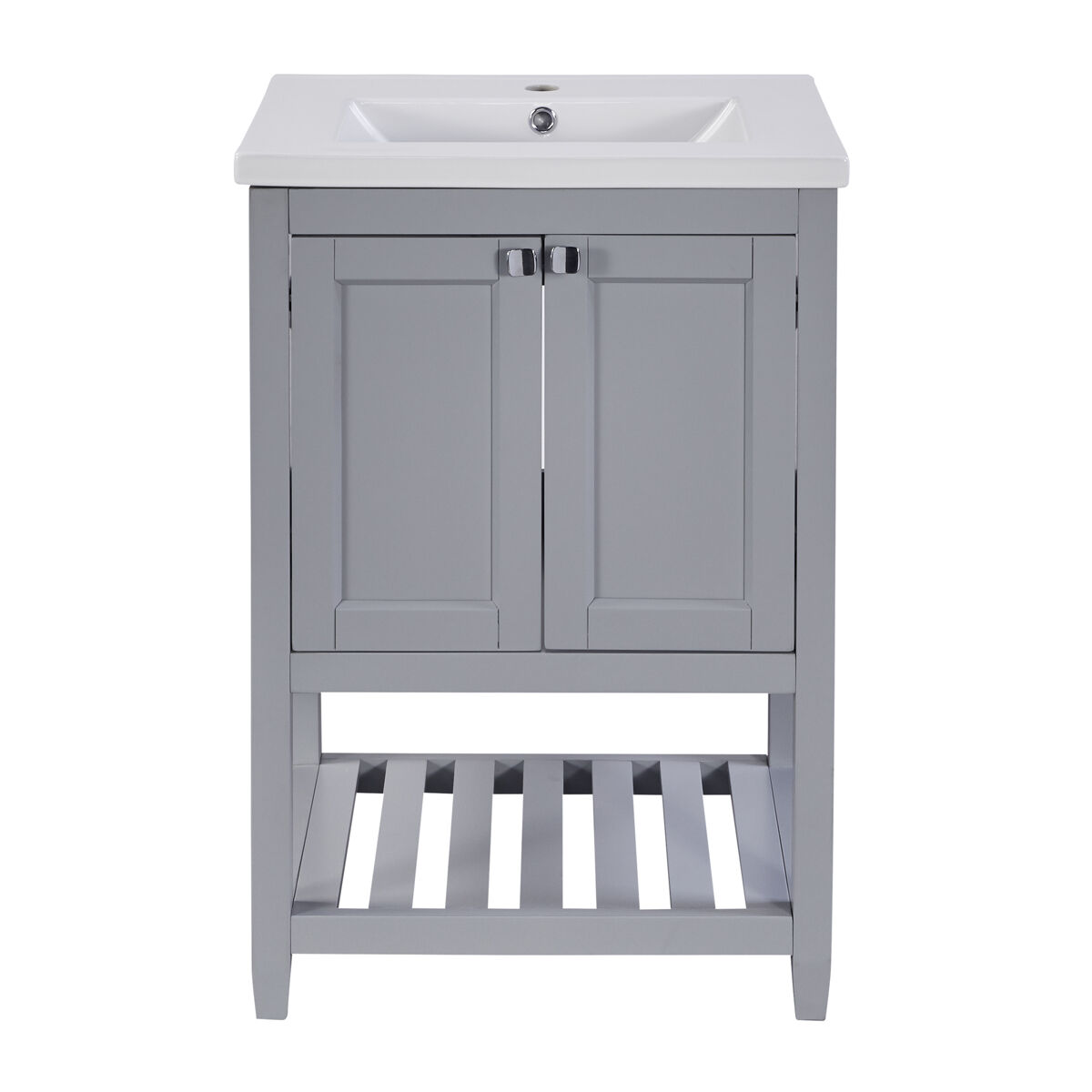 Mueble de baño con lavabo de cerámica - 2 puertas y balda inferior - gris (grifo no incluido)